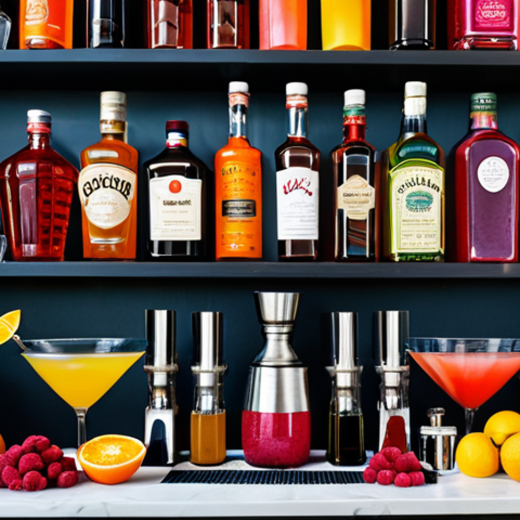 홈바텐더 칵테일 레시피 - The Cocktail Alchemist's Table**

"A well-organized home bar setup, featuring an array of colorful g...
