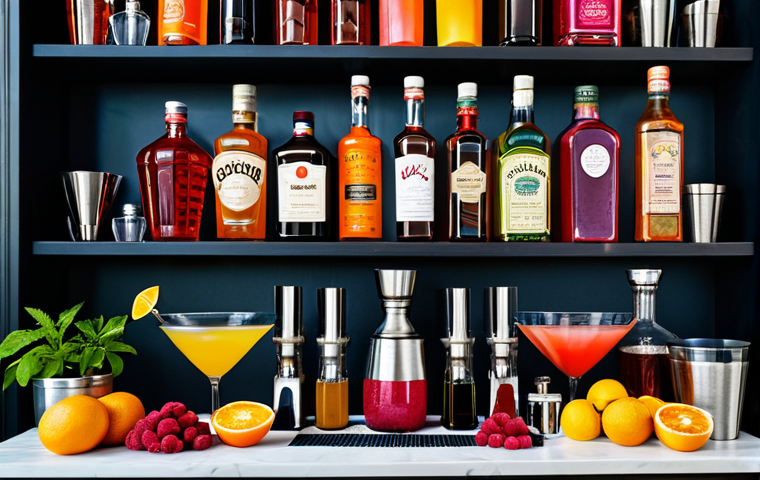 홈바텐더 칵테일 레시피 - The Cocktail Alchemist's Table**

"A well-organized home bar setup, featuring an array of colorful g...