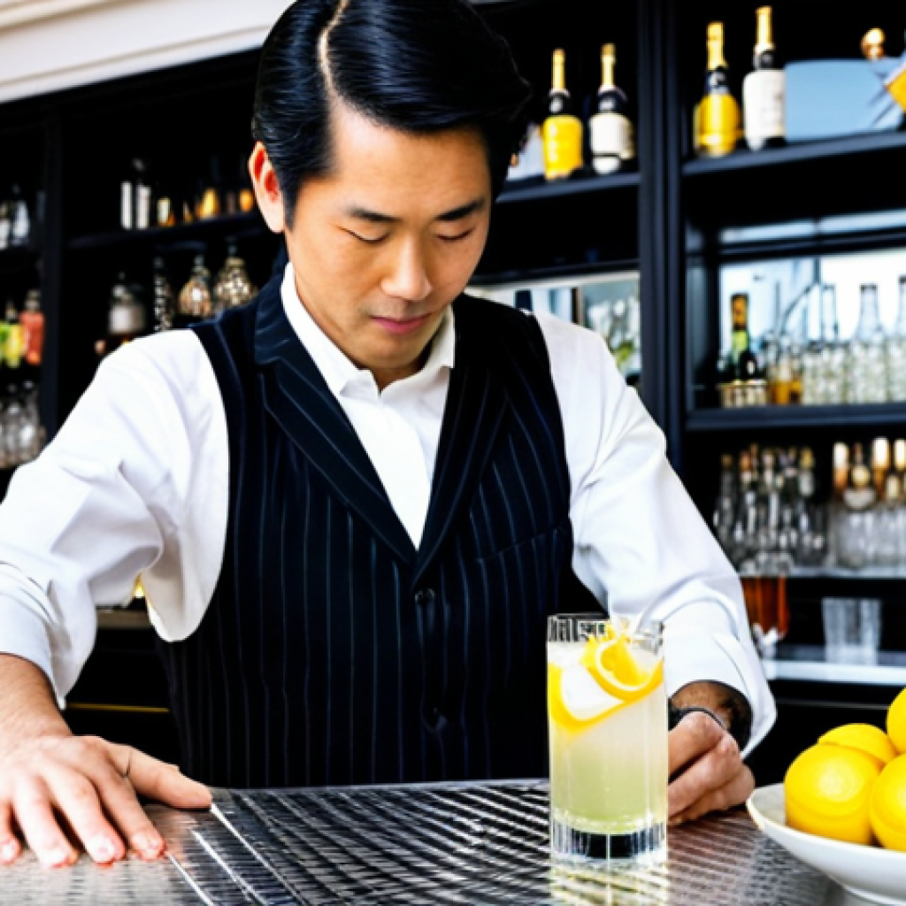 홈바텐더 일본식 칵테일 - **

A professional bartender, fully clothed in a stylish uniform, preparing a Japanese Highball cock...