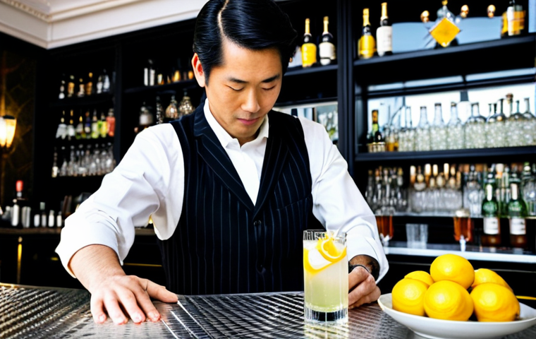 홈바텐더 일본식 칵테일 - **

A professional bartender, fully clothed in a stylish uniform, preparing a Japanese Highball cock...
