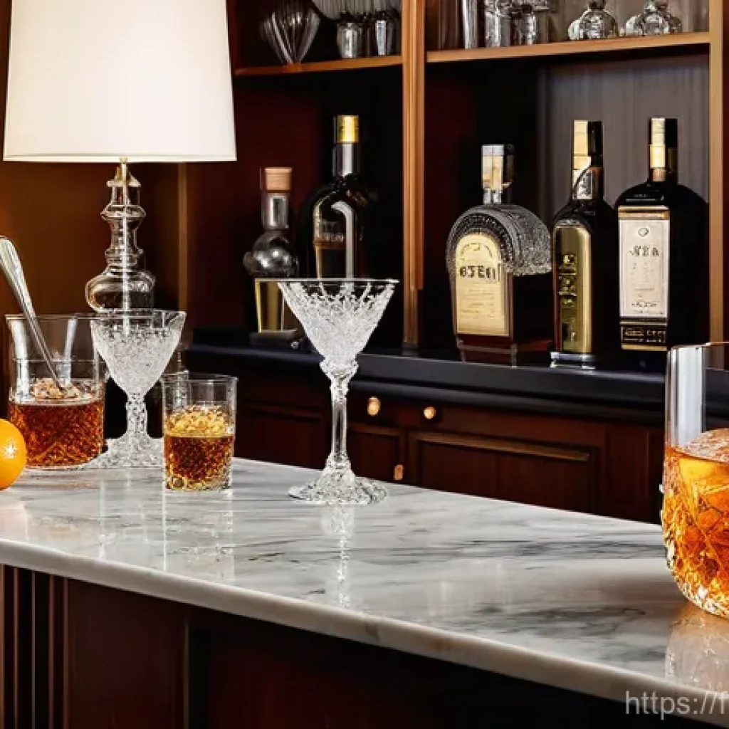 홈바텐더 버번 위스키 칵테일 - **"An elegantly styled home bar counter in a sophisticated Parisian apartment. A premium bottle of a...
