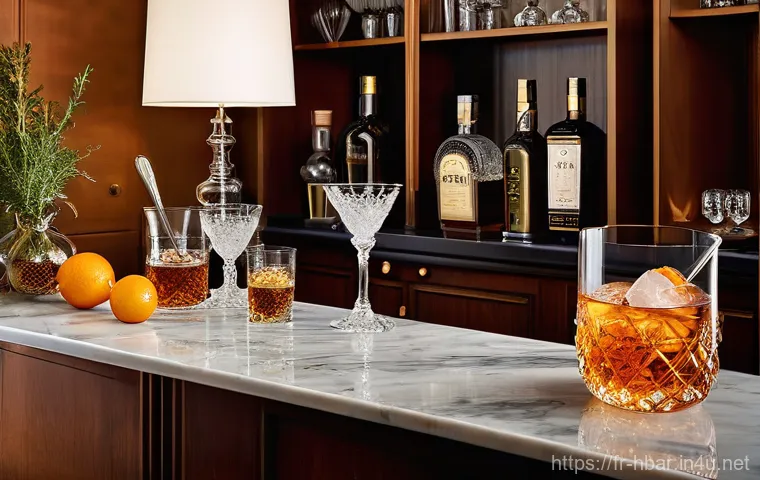 홈바텐더 버번 위스키 칵테일 - **"An elegantly styled home bar counter in a sophisticated Parisian apartment. A premium bottle of a...