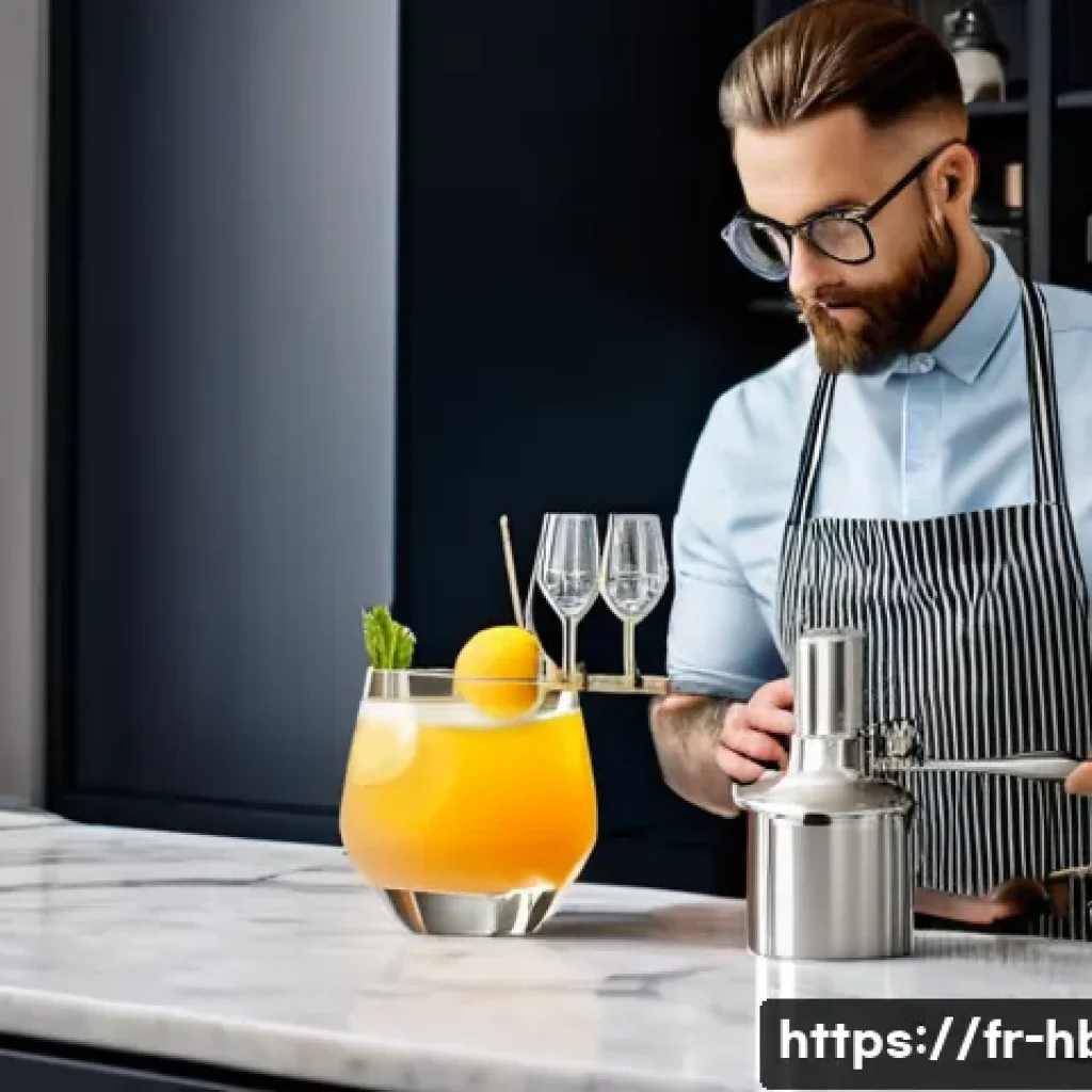 홈바텐더 바텐딩 자격증 정보 - A stylish home bartender in a modern French kitchen, expertly shaking a cocktail shaker while surrou...