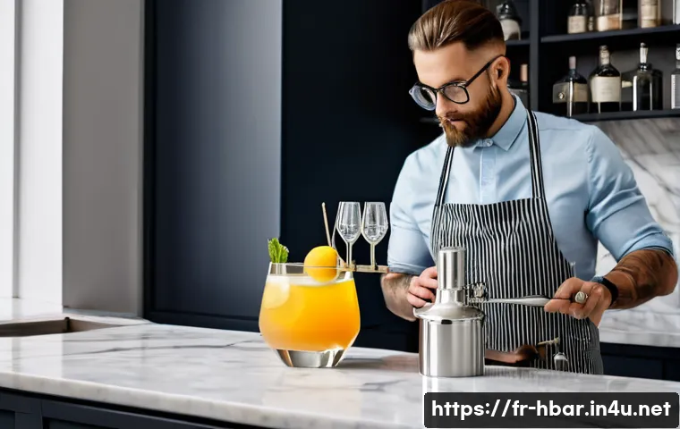홈바텐더 바텐딩 자격증 정보 - A stylish home bartender in a modern French kitchen, expertly shaking a cocktail shaker while surrou...
