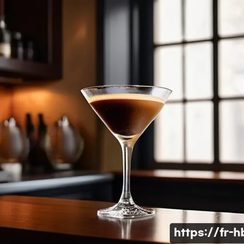 홈바텐더 커피 칵테일 레시피 - A sophisticated home bar scene featuring a freshly prepared Espresso Martini cocktail in a sleek mar...