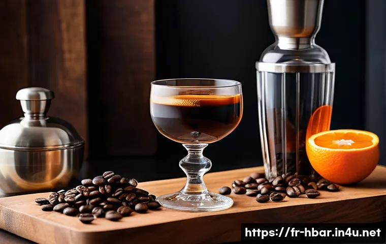 홈바텐더 커피 리큐어 활용법 - A cozy home bar setting featuring a wooden countertop with artisanal French and Italian coffee lique...