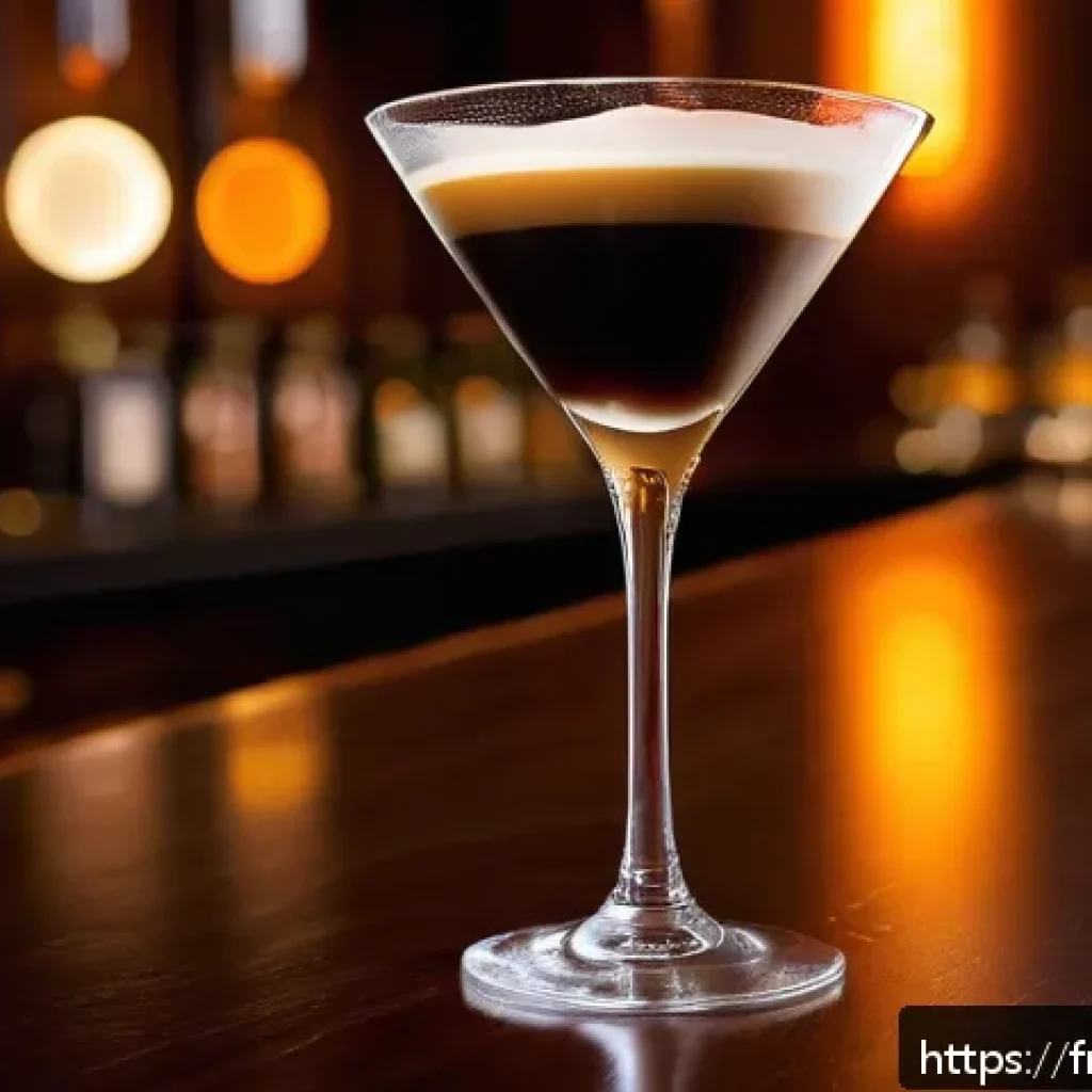 홈바텐더 에스프레소 마티니 - A sophisticated Espresso Martini cocktail scene featuring a freshly brewed dark espresso shot pourin...