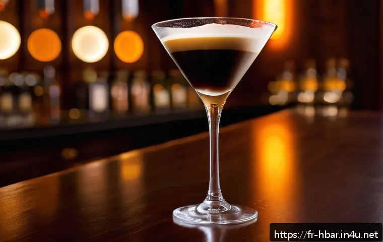 홈바텐더 에스프레소 마티니 - A sophisticated Espresso Martini cocktail scene featuring a freshly brewed dark espresso shot pourin...