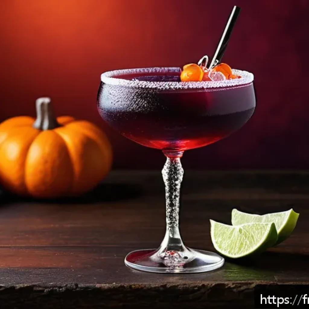 홈바텐더 할로윈 칵테일 - A vibrant Halloween cocktail scene featuring the "Sang de Vampire": a tall elegant glass filled with...