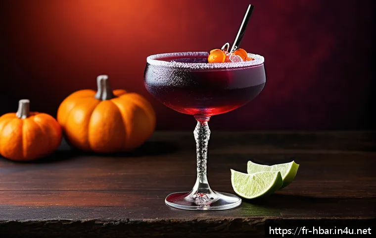 홈바텐더 할로윈 칵테일 - A vibrant Halloween cocktail scene featuring the "Sang de Vampire": a tall elegant glass filled with...