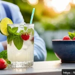 홈바텐더 파티용 칵테일 - A vibrant summer cocktail party scene set outdoors in a chic French garden terrace at dusk. Focus on...
