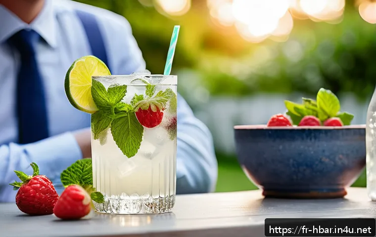 홈바텐더 파티용 칵테일 - A vibrant summer cocktail party scene set outdoors in a chic French garden terrace at dusk. Focus on...