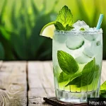 홈바텐더 탄산수 활용 칵테일 - A stylish summer cocktail scene featuring a sparkling mojito in a tall, narrow glass tulip, garnishe...