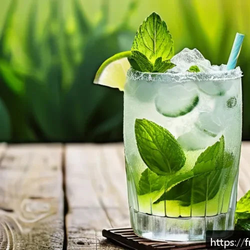 홈바텐더 탄산수 활용 칵테일 - A stylish summer cocktail scene featuring a sparkling mojito in a tall, narrow glass tulip, garnishe...