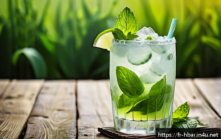 홈바텐더 탄산수 활용 칵테일 - A stylish summer cocktail scene featuring a sparkling mojito in a tall, narrow glass tulip, garnishe...