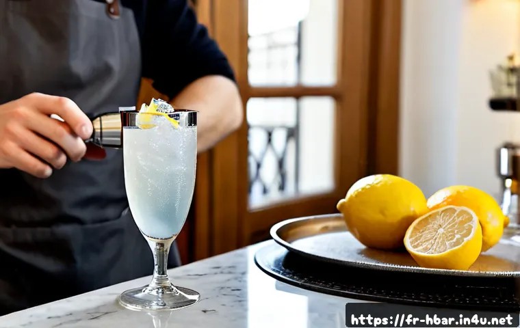 Home 17 홈바텐더 클래식 칵테일 - Photorealistic home bartender preparing a classic French 75 cocktail in a bright Paris apartment kit...